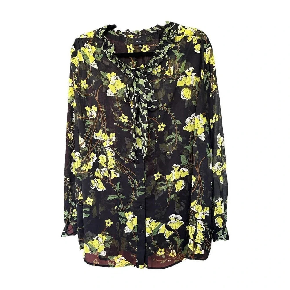Who What Wear Women's Plus Size 3x Daffodil Floral Front Tie Blouse